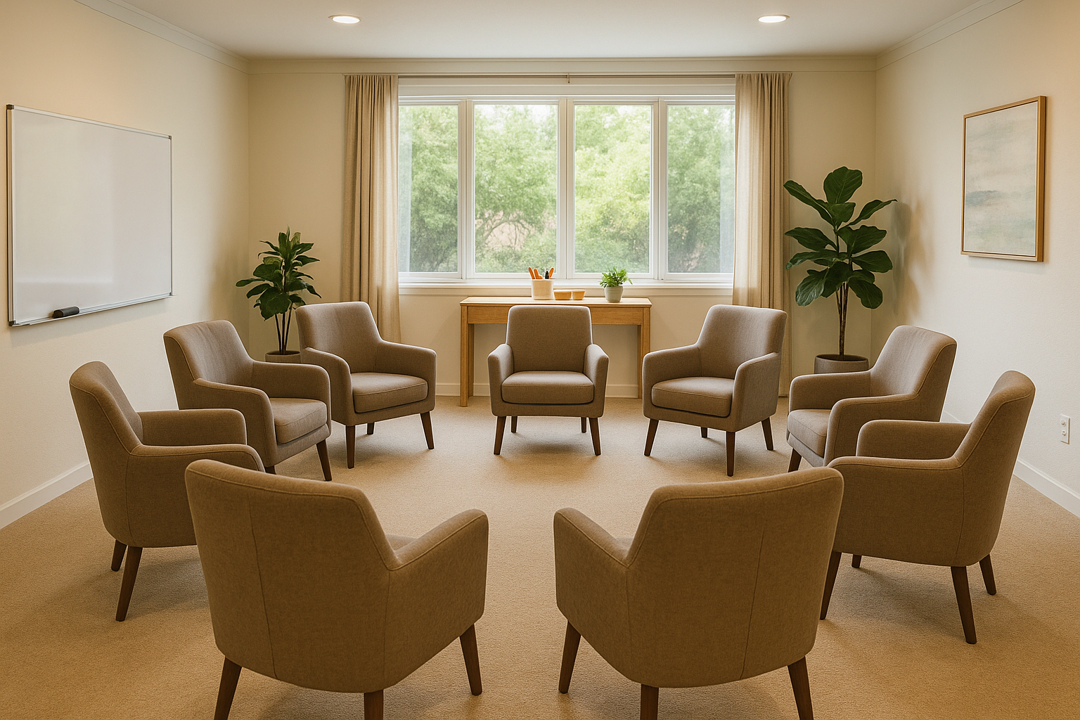Spacious group therapy room at our Reseda facility featuring comfortable seating arranged in a circle, natural lighting, and calming decor to create a safe, welcoming environment for group sessions