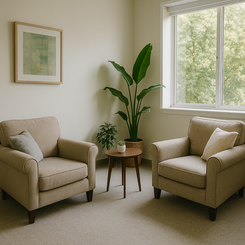 Private counseling office with two comfortable chairs, a small table, plants, and large windows providing natural light - designed for one-on-one therapy sessions