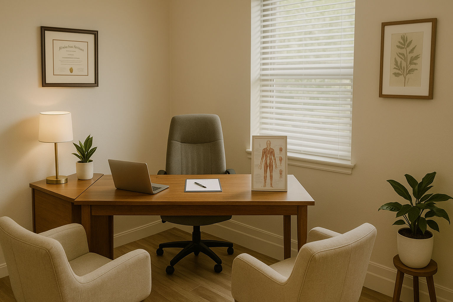 Professional psychiatric consultation room with a desk, comfortable seating, medical reference materials, and subtle lighting to create a calm environment for medication management sessions
