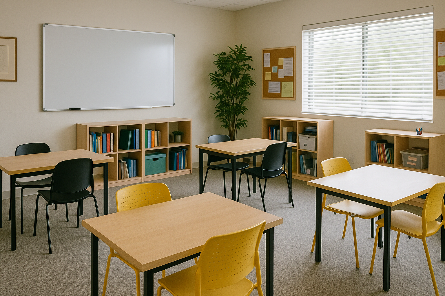 Multi-purpose community room with tables, chairs, whiteboards, and resource materials used for life skills training, educational workshops, and community meetings