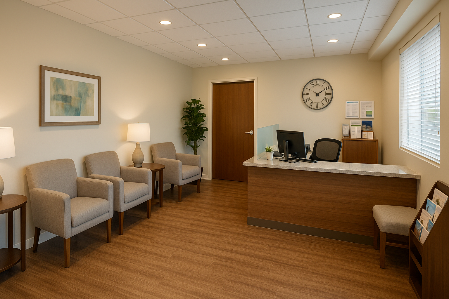 Welcoming reception area with comfortable seating, check-in desk, informational materials, and calming decor to help clients feel at ease when they first arrive
