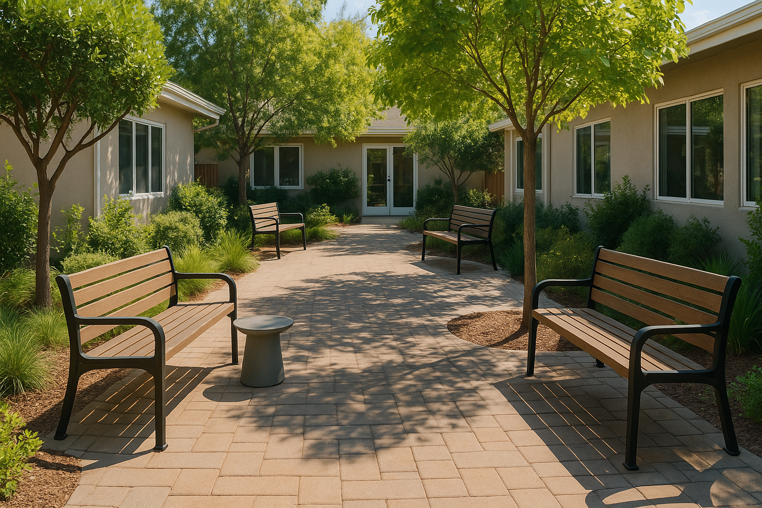 Peaceful outdoor courtyard with benches, small tables, and greenery where clients can relax, reflect, or socialize between therapy sessions