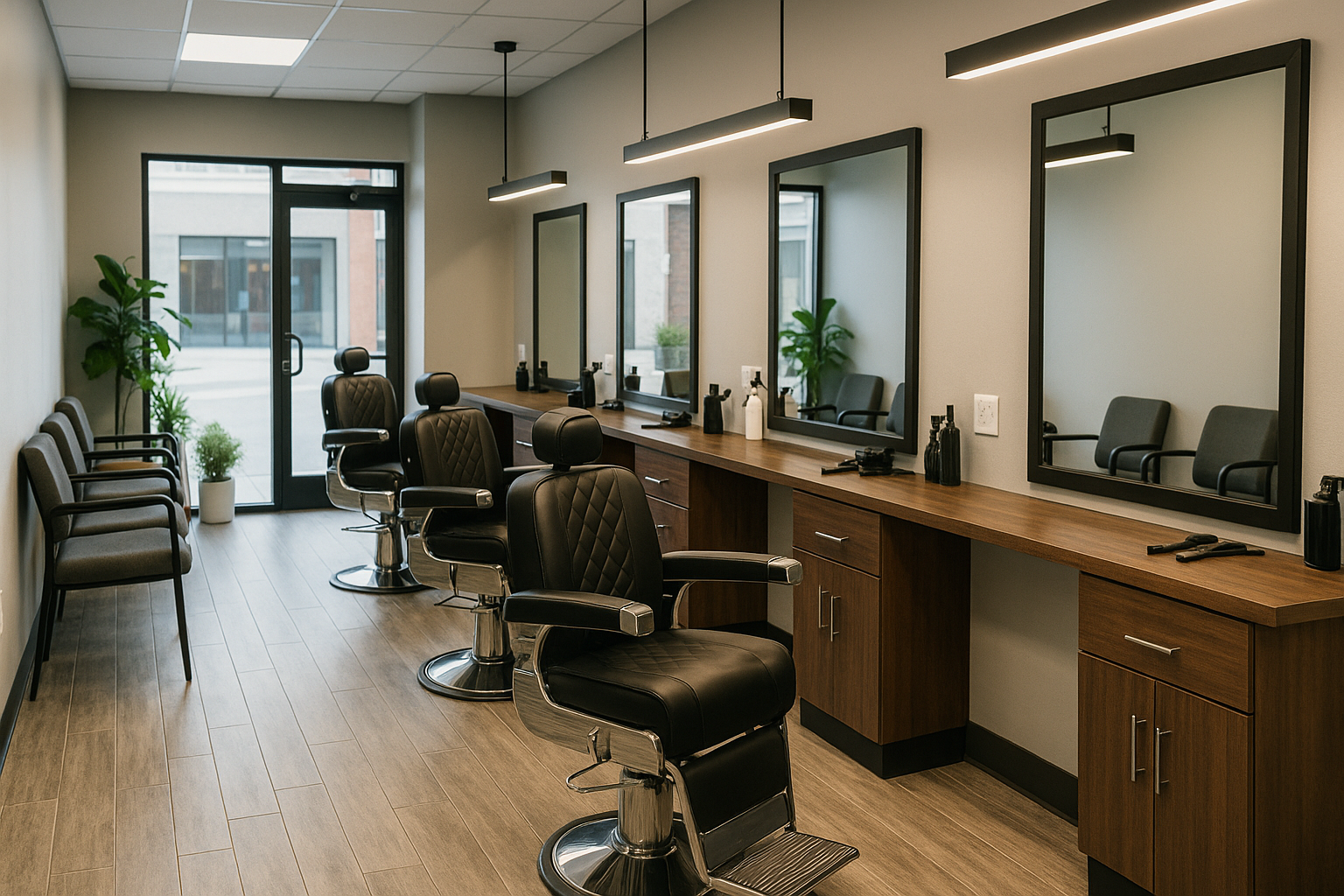 Modern professional barbershop with multiple stations featuring black leather chairs, mirrors, wooden cabinetry, and professional tools