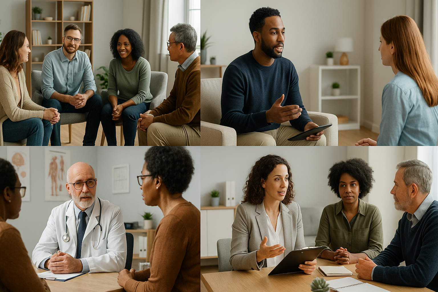A collage showing different therapy modalities including group therapy, individual counseling, psychiatric consultation, and case management