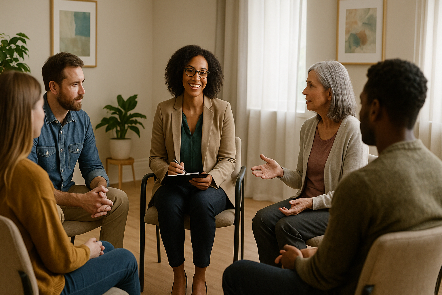 Clients participating in a clinician-facilitated group therapy session