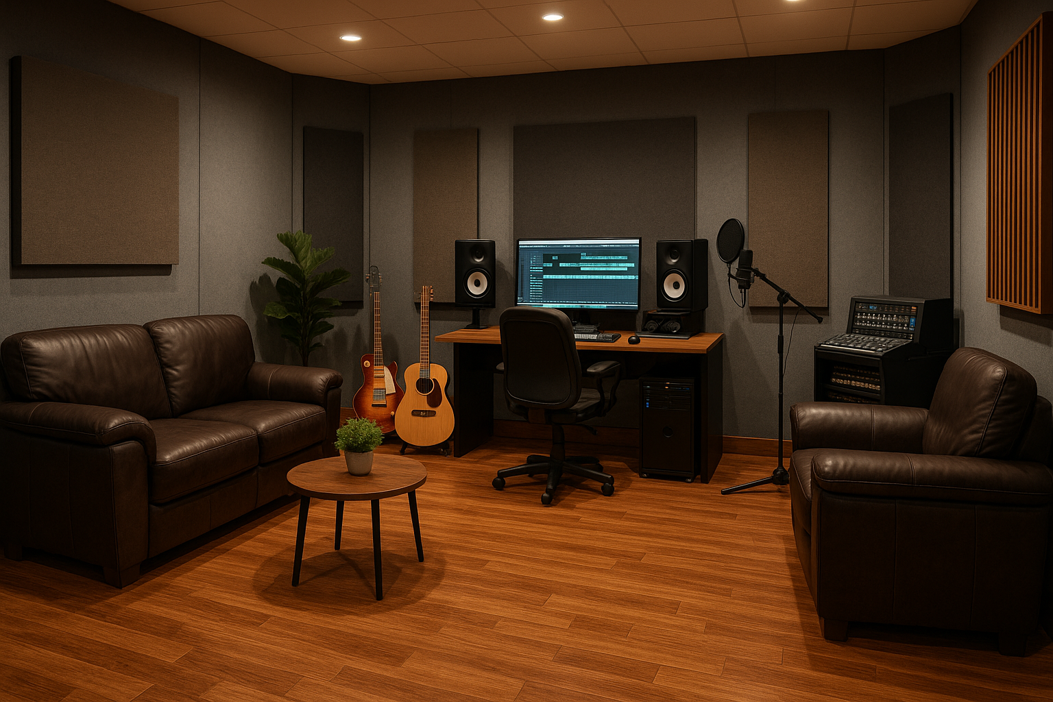 Professional recording studio with acoustic treatment, comfortable seating, guitars, studio monitors, computer workstation, and audio equipment