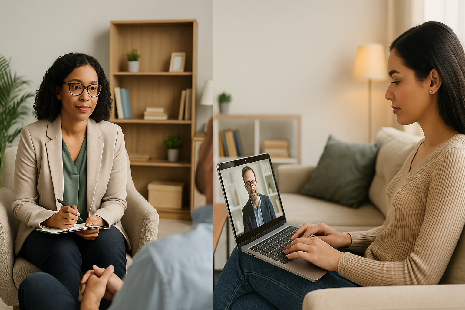 Split image showing both in-person therapy with a therapist taking notes and a client connecting via telehealth from home